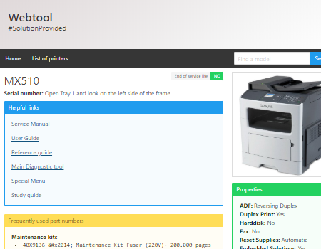 A screenshot of the Lexmark WebTool showing a page of a printer with its specs