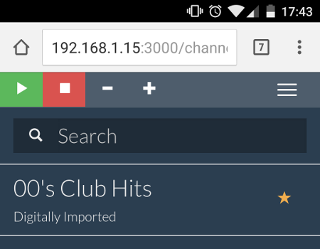 The list of radiostations, with the play and stop button on the top