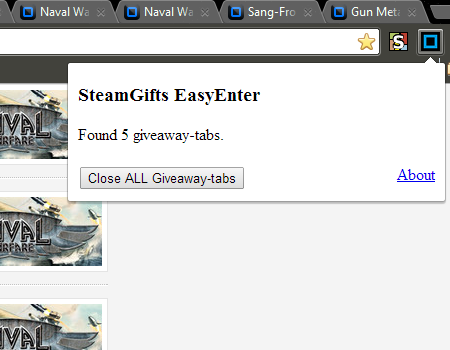 the popup of the SteamGifts chrome extension, showing how many open SteamGifts tabs it found